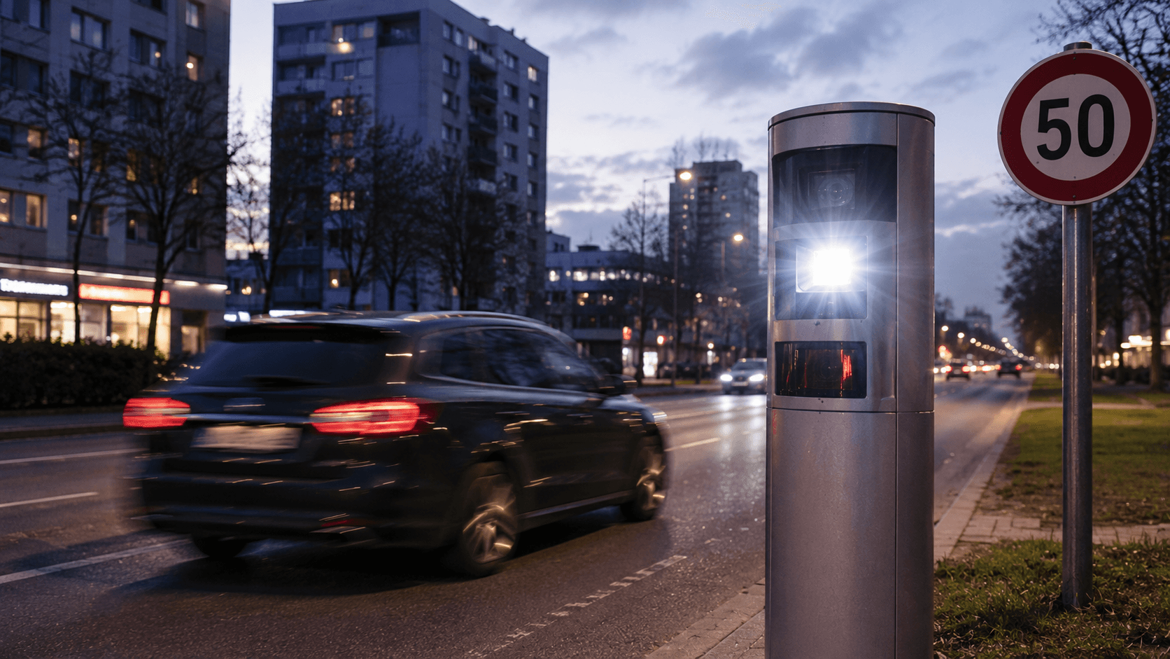Geblitzt innerorts – Blitzer an einer Straße mit Tempo-50-Schild