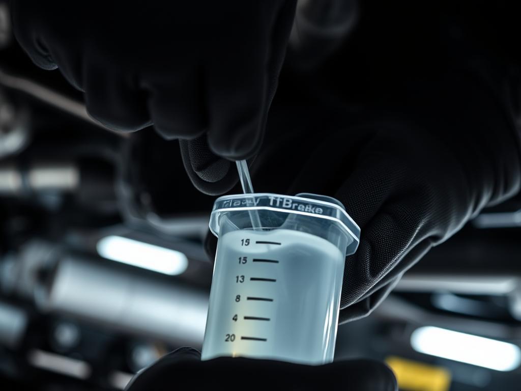 A close-up view of a mechanic's hands inspecting the level of brake fluid in a transparent reservoir. The hands are wearing protective gloves, and the reservoir is positioned against a dimly lit, industrial-style background, with hints of automotive components visible in the periphery. The lighting is soft and diffused, creating a sense of focus and attention on the delicate task at hand. The scene conveys the importance of regularly checking the brake fluid level to ensure the safety and performance of a vehicle.
