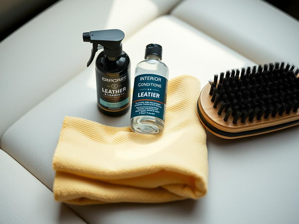 A detailed, close-up view of a professional car interior cleaning kit, including a microfiber cloth, leather conditioner, and a brush. The items are neatly arranged on a clean, light-colored surface, with soft, even lighting from the side, creating a sense of care and attention to detail. The composition is balanced and centered, with the focus on the cleaning products and their textures, conveying a sense of expertise and the importance of proper interior maintenance. The overall mood is one of quiet efficiency and a dedication to keeping the car's interior in pristine condition.