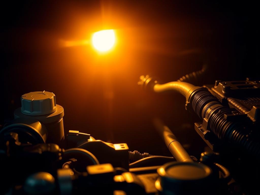 A detailed engine compartment view with a glowing check engine light against a dark, moody backdrop. The light shines through the engine bay, casting dramatic shadows. The scene conveys a sense of concern and the need to diagnose the underlying issue. Technical components like sensors, wiring, and mechanical parts are visible, hinting at the complex nature of the problem. Warm lighting from the check engine light contrasts with cool tones in the background, creating an atmospheric, cinematic look. The composition draws the viewer's eye towards the illuminated warning light, the focal point of the image.