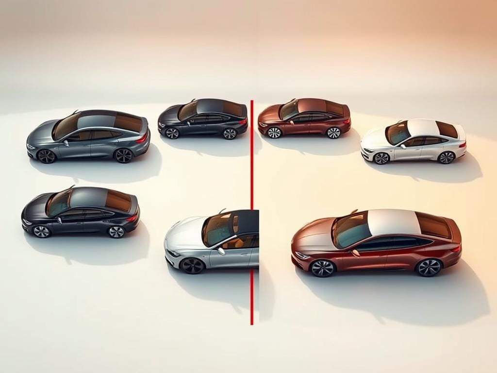 A detailed side-by-side comparison of the driving ranges of various electric vehicles, featuring sleek, modern cars against a clean, minimalist background. The scene is illuminated by warm, directional lighting, casting soft shadows and highlighting the contours of the vehicles. The cars are arranged in a dynamic, eye-catching layout, allowing for a clear and informative comparison of their specifications. The overall composition is balanced and visually appealing, providing a comprehensive overview of the electric car market's range capabilities.