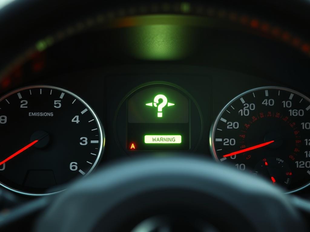 A detailed, well-lit image of a car dashboard, with the engine warning light (Motorkontrollleuchte) illuminated in the center, indicating a problem with the vehicle's engine or emissions system. The dashboard should be captured at an angle, providing a clear view of the warning light, surrounded by the various other gauges and controls. The lighting should be bright and natural, creating a sense of urgency and concern. The background should be blurred, keeping the focus on the dashboard and the illuminated warning light. The overall mood should convey a sense of puzzlement and the need to address the issue promptly.