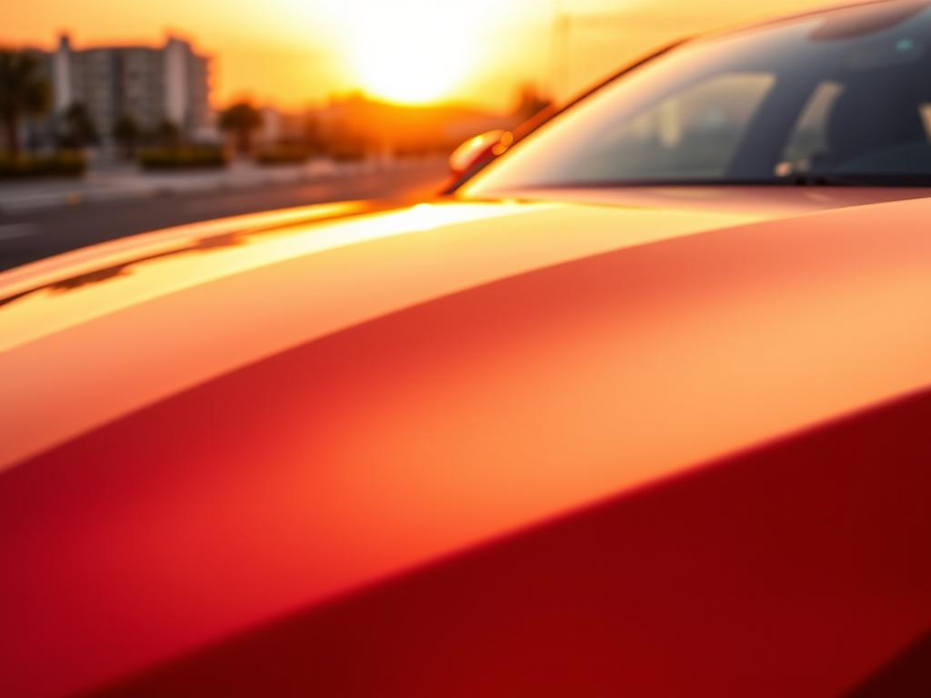A finely polished car gleams under a warm, golden sunset. The paint's surface reflects the vibrant orange hues, creating a mesmerizing display of depth and clarity. In the foreground, the car's hood shines with a deep, lustrous sheen, meticulously maintained through a thorough polishing process. The middle ground showcases the car's contours, each curve and line accentuated by the precise application of the protective lacquer. In the background, a soft, blurred cityscape provides a subtle context, emphasizing the car's prominence as the central focus. This image conveys the importance of proper car polishing, highlighting the transformative power of a well-protected, radiant finish.