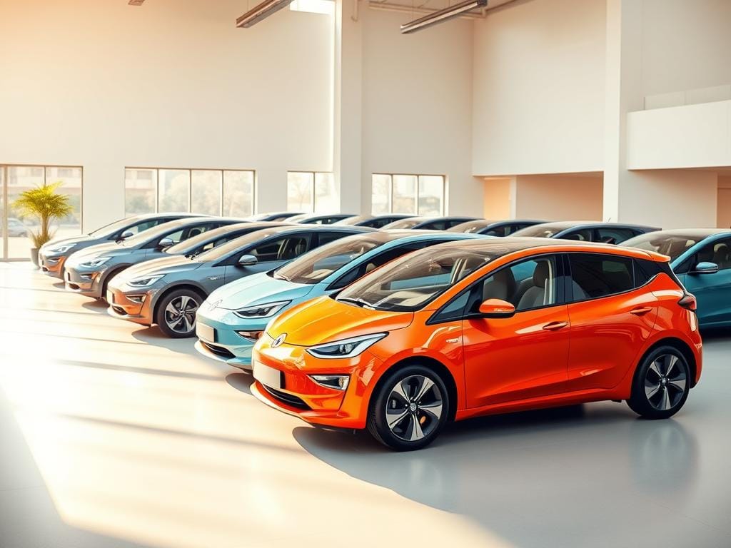 A fleet of sleek, affordable electric vehicles parked in a modern, well-lit showroom. The cars are prominently displayed, their streamlined silhouettes and vibrant colors capturing attention. Soft, warm lighting illuminates the scene, creating a welcoming and aspirational atmosphere. The background features clean, minimalist architecture with large windows, allowing natural light to flood the space. The overall composition emphasizes the accessibility and practicality of these eco-friendly transportation options, inviting the viewer to imagine themselves behind the wheel of a sustainable, cost-effective electric car.