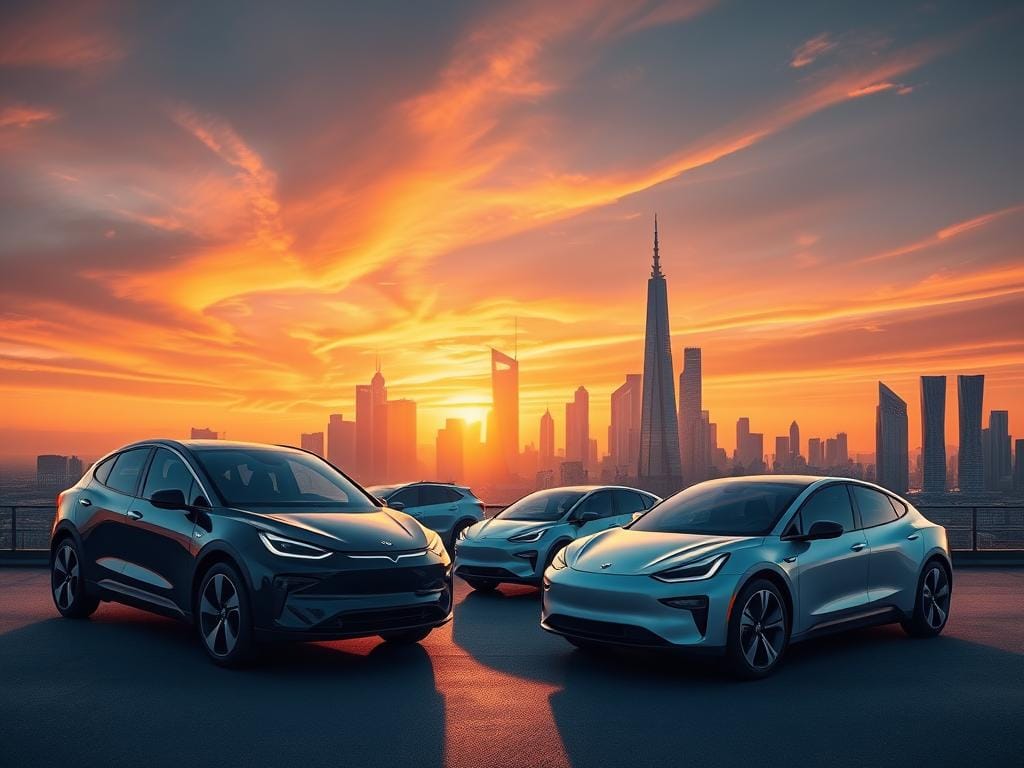 A futuristic cityscape against a vibrant sunset sky, with sleek and modern electric vehicles prominently displayed in the foreground. The cars are arranged in a dynamic, eye-catching composition, showcasing their stylish designs and advanced technology. The lighting is warm and dramatic, casting long shadows and highlighting the clean, aerodynamic lines of the vehicles. In the background, a towering skyline of gleaming skyscrapers and bustling urban infrastructure reflects the rapid advancements in sustainable transportation. The overall scene conveys a sense of progress, innovation, and a future where affordable, eco-friendly electric cars have become the norm.