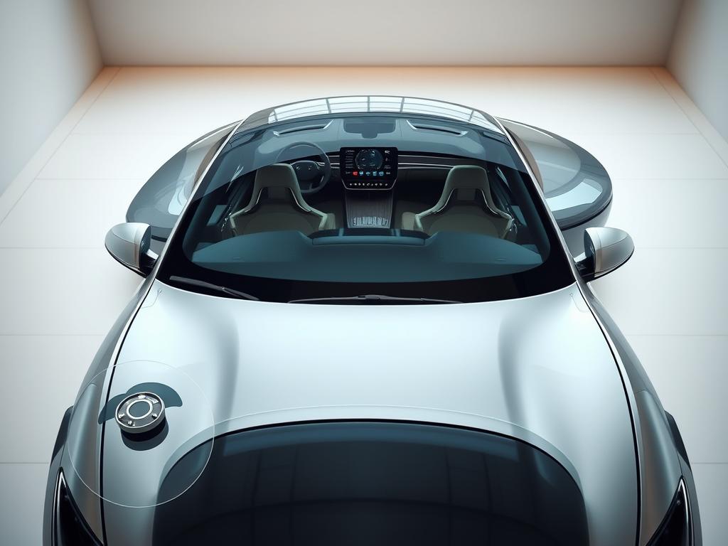 A high-angle view of a sleek, modern electric vehicle in a well-lit, minimalist showroom setting. The car's exterior gleams with a metallic finish, the clean lines and aerodynamic design conveying a sense of efficiency and technological advancement. The foreground features the car's safety features prominently, with a detailed close-up of advanced sensors, cameras, and safety systems. The middle ground showcases the vehicle's luxurious interior, with plush leather seats and a large, high-resolution display panel. The background is softly blurred, allowing the car to be the focal point, surrounded by a bright, airy atmosphere that evokes a sense of the future.