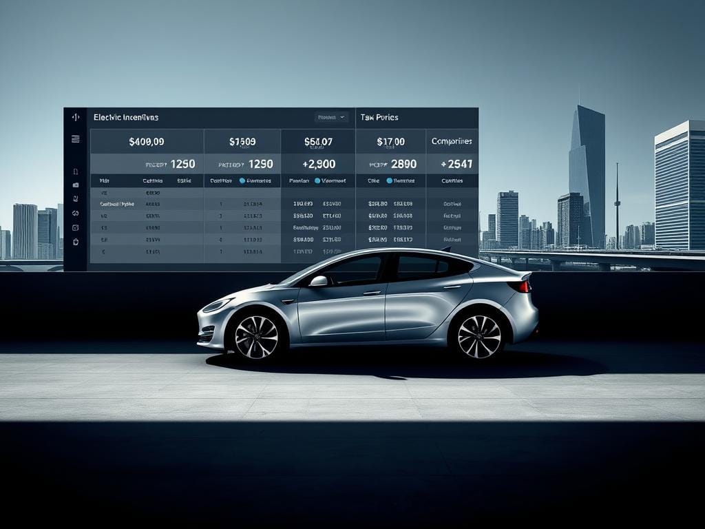 A high-contrast, photorealistic image of a comprehensive comparison of electric vehicle incentives and subsidies. The foreground depicts a digital dashboard or user interface, displaying detailed side-by-side comparisons of purchase prices, tax credits, and other government support programs for various EV models. The middle ground shows a sleek, modern electric sedan in a neutral color, positioned prominently to showcase the subject. The background features a minimalist cityscape with futuristic architectural elements, conveying a sense of sustainable urban mobility. The lighting is crisp and directional, casting dramatic shadows to enhance the technical details. The overall mood is informative and authoritative, reflecting the importance of this financial data for prospective EV buyers.