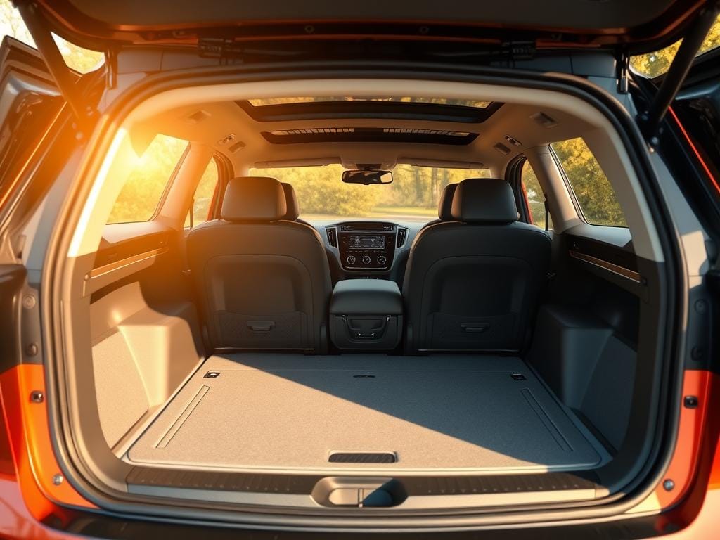 A meticulously rendered interior shot of the trunk space of a modern electric vehicle, bathed in warm, natural lighting that filters in through the rear windshield. Highlight the spacious, well-organized layout, with a focus on the accessible storage compartments and the premium materials used throughout. Capture the high-tech, yet practical design aesthetic that defines the latest generation of electric cars, conveying a sense of refinement and attention to detail that would appeal to the discerning buyer.