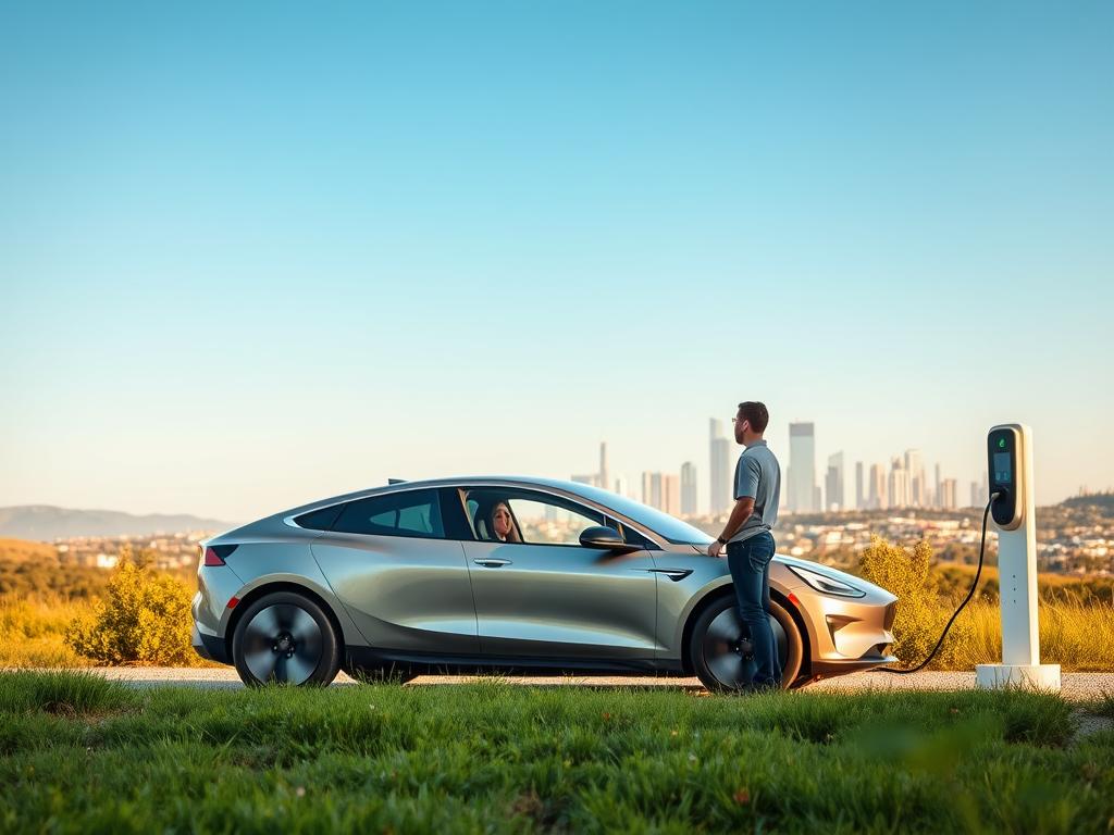A modern, sleek electric car glides through a serene landscape, surrounded by lush greenery and a clear blue sky. The car's smooth, aerodynamic lines and gleaming exterior exude efficiency and eco-friendliness. In the foreground, a person stands admiring the vehicle, their expression conveying a sense of pride and environmental consciousness. The middle ground features a charging station, highlighting the convenience and accessibility of electric vehicle infrastructure. In the background, a cityscape with towering skyscrapers and bustling streets emphasizes the urban integration of this sustainable transportation solution. The scene is bathed in warm, natural lighting, creating a sense of harmony and balance between technology and nature.
