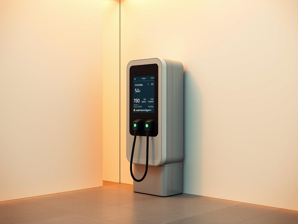 A modern, sleek electric vehicle charging station, or "wallbox," stands prominently in a well-lit, minimalist interior. The wallbox's display panel glows with detailed charging information, including the current charging speed or "ladegeschwindigkeit." The surrounding environment is bathed in warm, soft lighting, creating a calming, professional atmosphere. The wallbox is positioned at an angle, allowing for a clear, unobstructed view of its key features. The overall composition emphasizes the wallbox's technological sophistication and its role in the efficient charging of electric vehicles.