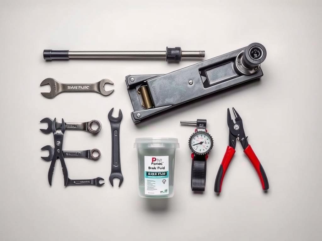 A neatly arranged collection of tools and equipment for changing brake fluid, including a sturdy jack, a set of wrenches, pliers, a brake fluid tester, and a clear, labeled container for the used fluid. The tools are meticulously laid out against a clean, neutral background, with soft, directional lighting highlighting the details and textures of the metallic and rubber components. The scene conveys a sense of organization, professionalism, and the attention to detail required for this important maintenance task.