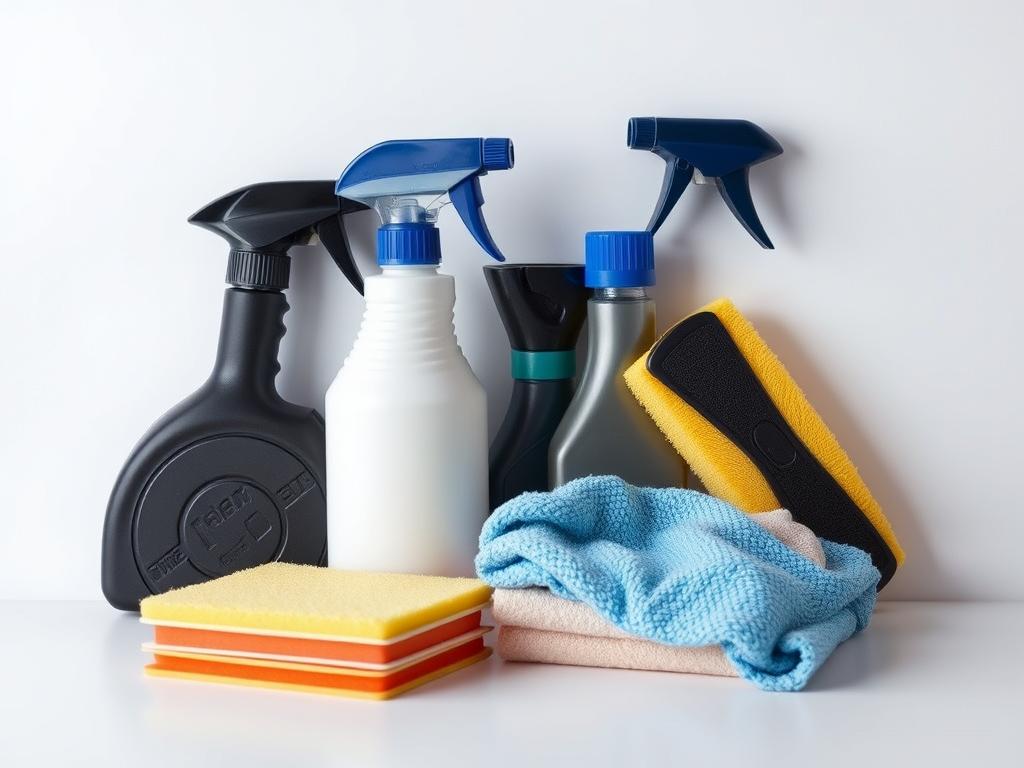 A neatly organized array of household cleaning supplies, including a spray bottle, sponges, and a microfiber cloth, set against a simple white background. Soft, even lighting illuminates the items, creating a sense of cleanliness and efficiency. The composition emphasizes the tools and products used for effective interior car cleaning, reflecting the subject of the article section. The overall mood is one of practicality and professionalism, inviting the viewer to consider the effectiveness of these "hausmittel innenreinigung" for their own vehicle interiors.