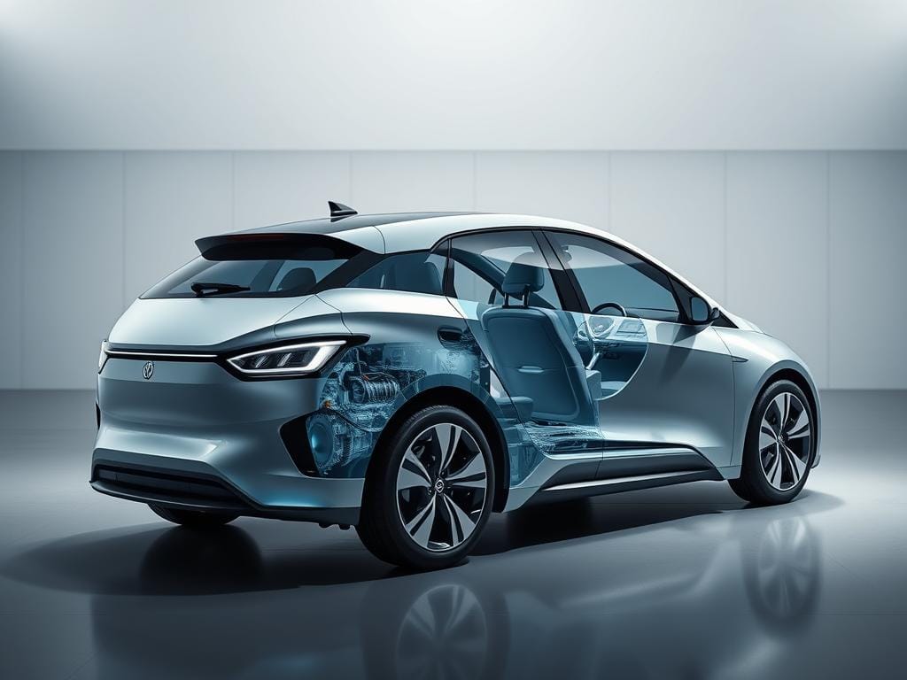 A sleek, modern electric vehicle in the foreground, its clean lines and aerodynamic design highlighted by soft, directional lighting. In the middle ground, a cutaway view reveals the vehicle's inner workings - the battery pack, electric motor, and advanced powertrain components. The background showcases a minimalist, futuristic setting, perhaps a research lab or testing facility, emphasizing the technological sophistication of the e-car. The overall mood is one of innovation, efficiency, and the exciting potential of sustainable mobility. Subtle details like charging ports, regenerative braking systems, and lightweight materials underscore the key technical features of this affordable, next-generation electric vehicle.
