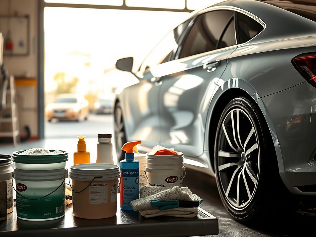 A spotless car shines under the warm, diffused sunlight streaming through the open garage door. Buckets of soapy water, soft microfiber cloths, and a selection of high-quality car care products are neatly arranged on a workbench, ready for a thorough cleaning session. The vehicle's paint is carefully inspected for any imperfections, and the wheels are meticulously scrubbed to remove built-up grime. In the background, the faint sound of a vacuum cleaner can be heard as the interior is being thoroughly cleaned, preparing the car for the final polishing step. The scene conveys a sense of focus, attention to detail, and the satisfaction of a job well done, perfectly capturing the "Vorbereitungen vor dem Polieren" section of the article.