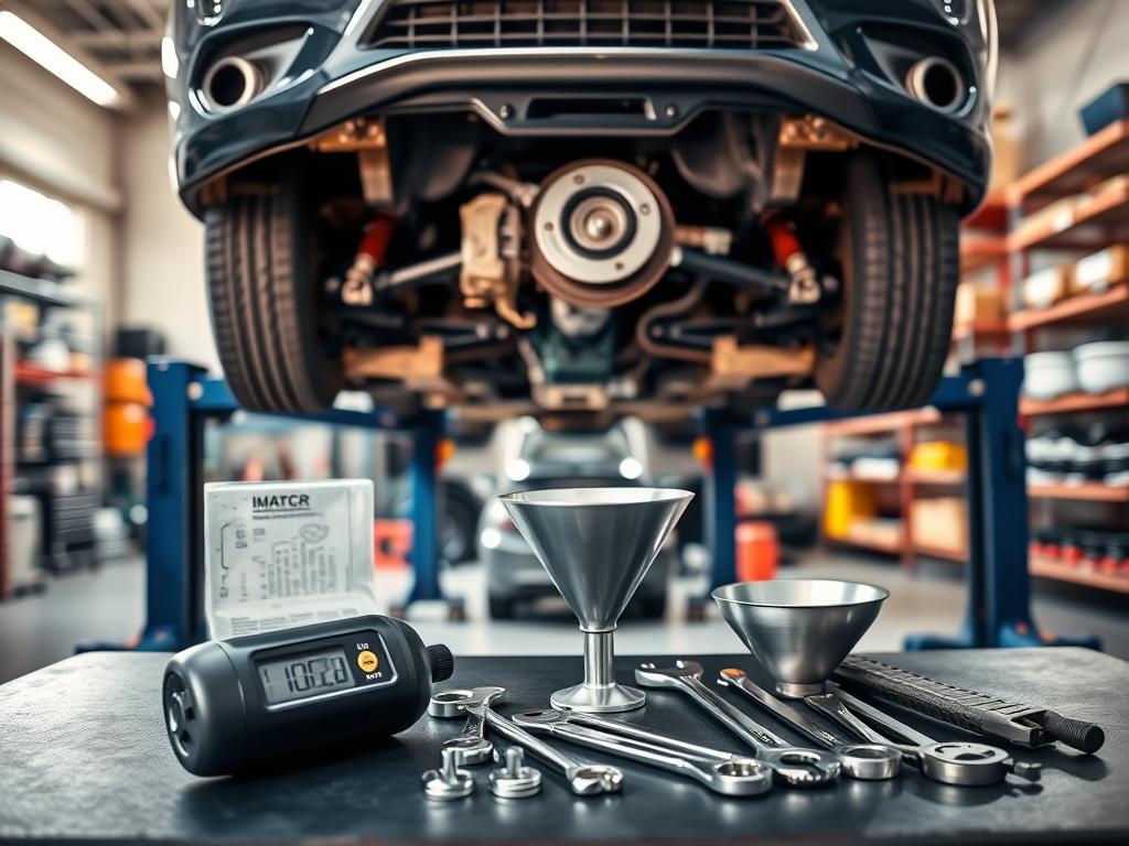 A well-lit automotive workshop with a car's front wheels raised on jack stands. In the foreground, a collection of tools including a brake fluid tester, wrenches, and a funnel neatly arranged on a workbench. The middle ground shows the car's front suspension and brake components, with the brake caliper and brake lines clearly visible. The background features shelves stocked with car parts and maintenance supplies, creating a sense of a professional, well-equipped workspace. The overall scene conveys a sense of preparation and attention to detail required for a successful brake fluid change.