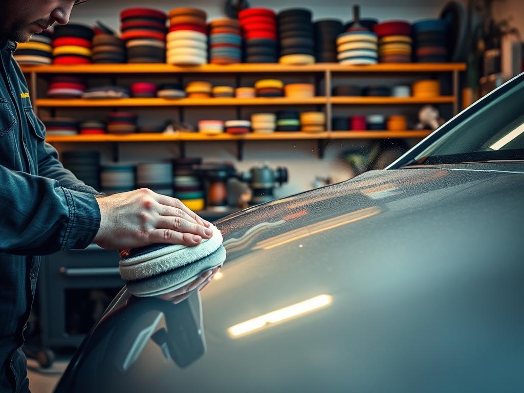 A well-lit automotive workshop with a variety of polishing tools and techniques on display. In the foreground, a technician meticulously polishes a car's surface by hand, using a soft microfiber cloth and specialized polishing compound. In the middle ground, a professional-grade orbital polisher is in use, its circular motion gently removing swirl marks and restoring the car's glossy finish. The background features shelves stocked with a range of polishing pads, buffers, and other detailing equipment, all bathed in warm, directional lighting that accentuates the textures and reflections of the polished surfaces. The overall scene conveys a sense of expertise, attention to detail, and the effective application of both manual and mechanical polishing methods.