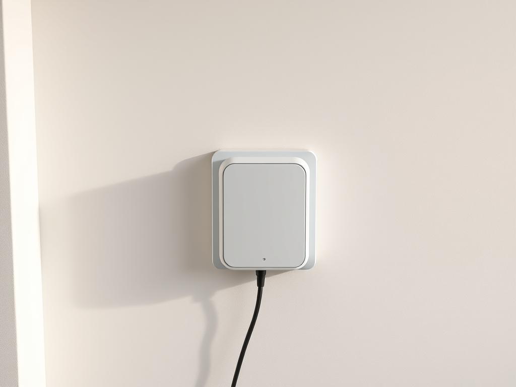 A well-lit, high-angle view of a residential wall with a modern, sleek electric vehicle charging station (wallbox) installed. The wallbox is centered in the frame, with clean lines and a minimalist design. The surrounding wall is a neutral color, providing a clean, uncluttered backdrop. The lighting is soft and even, casting gentle shadows that accentuate the wallbox's form. The overall scene conveys a sense of efficiency, simplicity, and technological integration into the home environment.