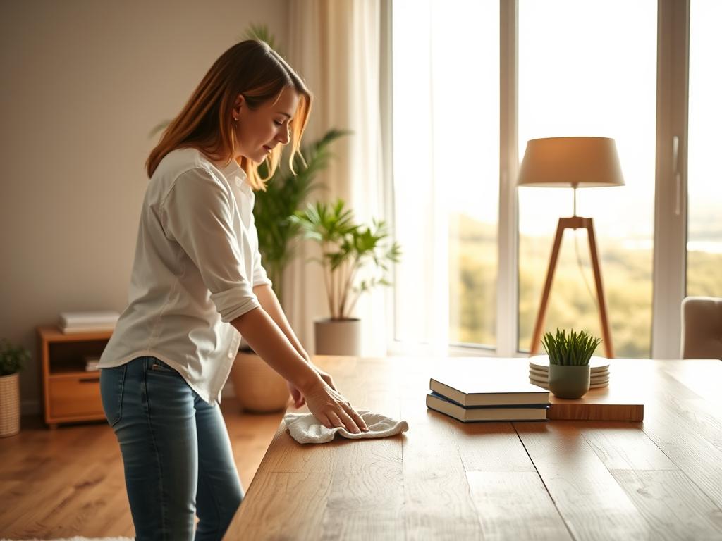 A well-lit, spacious room with a cozy, minimalist aesthetic. In the foreground, a person in a white shirt and jeans is carefully wiping down a wooden table with a microfiber cloth, showcasing the step-by-step process of cleaning the interior space. The middle ground features a potted plant, a stack of books, and a sleek, modern lamp, adding a touch of homely elegance. The background depicts a large window overlooking a tranquil, sun-dappled landscape, creating a sense of serenity and natural light. The overall atmosphere is one of calm, efficiency, and a methodical approach to maintaining a clean, organized living environment.