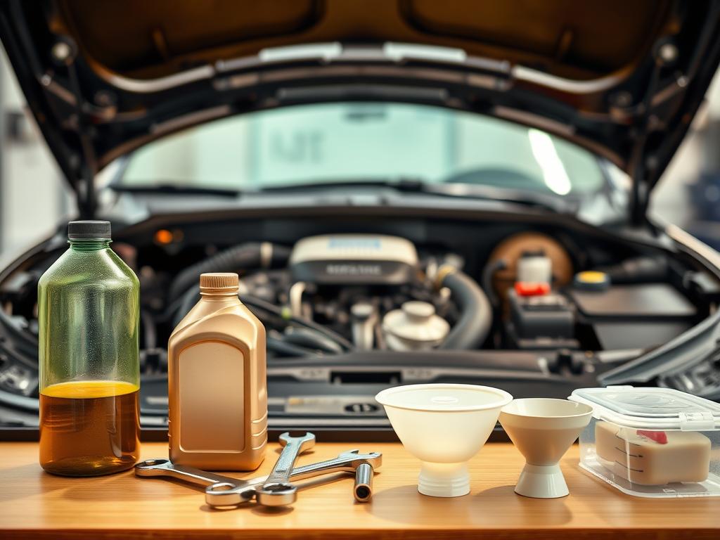 A well-maintained car engine surrounded by a clean and organized workspace. The engine compartment is well-lit, with a warm, inviting glow illuminating the various components. In the foreground, a set of tools and supplies neatly arranged, including a fresh bottle of motor oil, a wrench, and a funnel. The middle ground features the car's engine, its various parts and hoses clearly visible, conveying a sense of mechanical precision. The background is a clean, uncluttered space, suggesting a professional automotive workshop or garage. The overall atmosphere is one of care, attention to detail, and the importance of maintaining a vehicle's mechanical health.