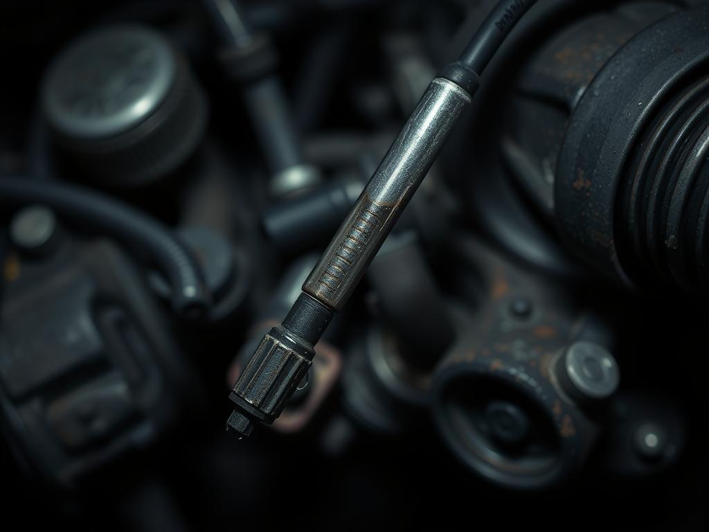 A well-worn engine oil dipstick against a dark, gritty automotive background. The dipstick's markings are barely visible, indicating the oil level is low. Droplets of oil cling to the dipstick's surface, hinting at potential leaks. The scene is dimly lit, with a moody, industrial atmosphere conveying the necessity of a timely oil change. The focus is sharp on the dipstick, drawing the viewer's attention to the key visual cue signaling the need for maintenance. The composition is balanced, with the dipstick positioned centrally against a backdrop of engine parts and other automotive details.