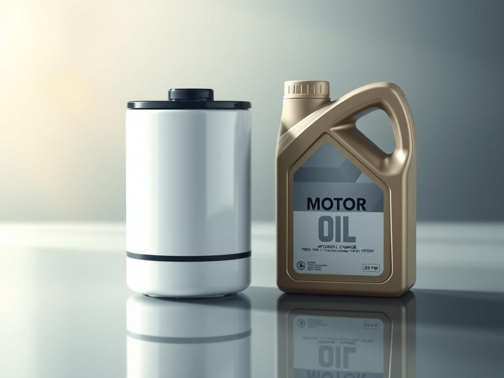 Detailed illustration of a motor oil change recommendation in a clean, minimalist style. A crisp, well-lit close-up view of a new oil filter and container of fresh motor oil, both resting on a smooth, reflective surface. The oil filter has a sleek, modern design, and the oil container features a simple, elegant label. The background is softly blurred, with subtle textures and gradients that create a sense of depth and focus on the central elements. The overall composition and lighting convey a sense of precision, efficiency, and high-quality automotive maintenance.