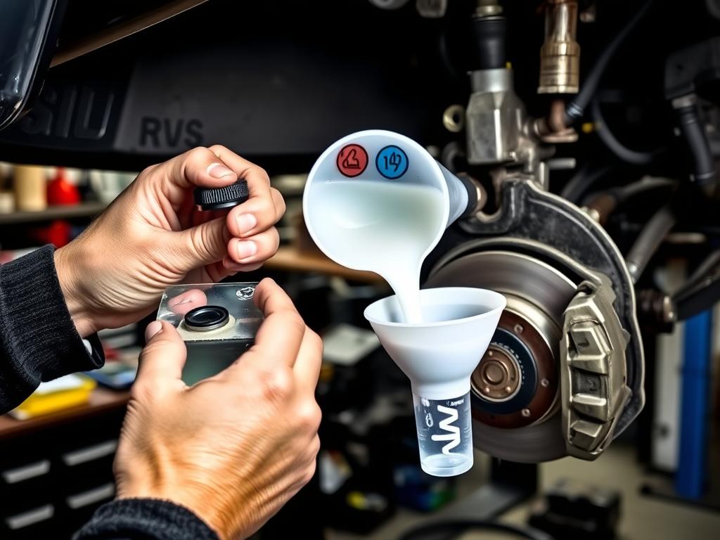 Detailed step-by-step guide for changing brake fluid. A well-lit automotive workshop, with tools and equipment neatly arranged on a workbench. In the foreground, a mechanic's hands carefully unscrewing the brake fluid reservoir cap, revealing the clear liquid inside. The middle ground shows the mechanic transferring fresh brake fluid from a container into the reservoir, using a clean funnel. In the background, a car's brake system components, including calipers and hoses, are visible, providing context. The overall scene conveys a sense of precision, care, and a methodical approach to this important maintenance task.