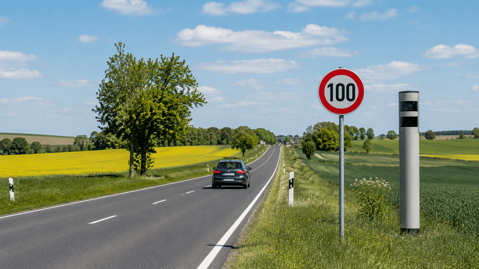 Geblitzt außerorts auf einer Landstraße mit Tempo-100-Schild