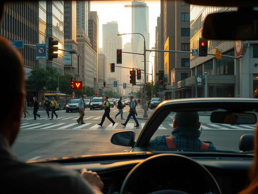 A bustling city street scene, viewed from the perspective of a driver. In the foreground, a sedan navigates through a busy intersection, its occupants attentive to the traffic signals and other vehicles around them. In the middle ground, pedestrians cross the street at a designated crosswalk, guided by a traffic officer. The background features a mix of high-rise buildings, street lamps, and signage, all bathed in a warm, golden-hour lighting. The overall atmosphere conveys a sense of order and safety, with a focus on the importance of following traffic rules and driving responsibly in an urban environment.