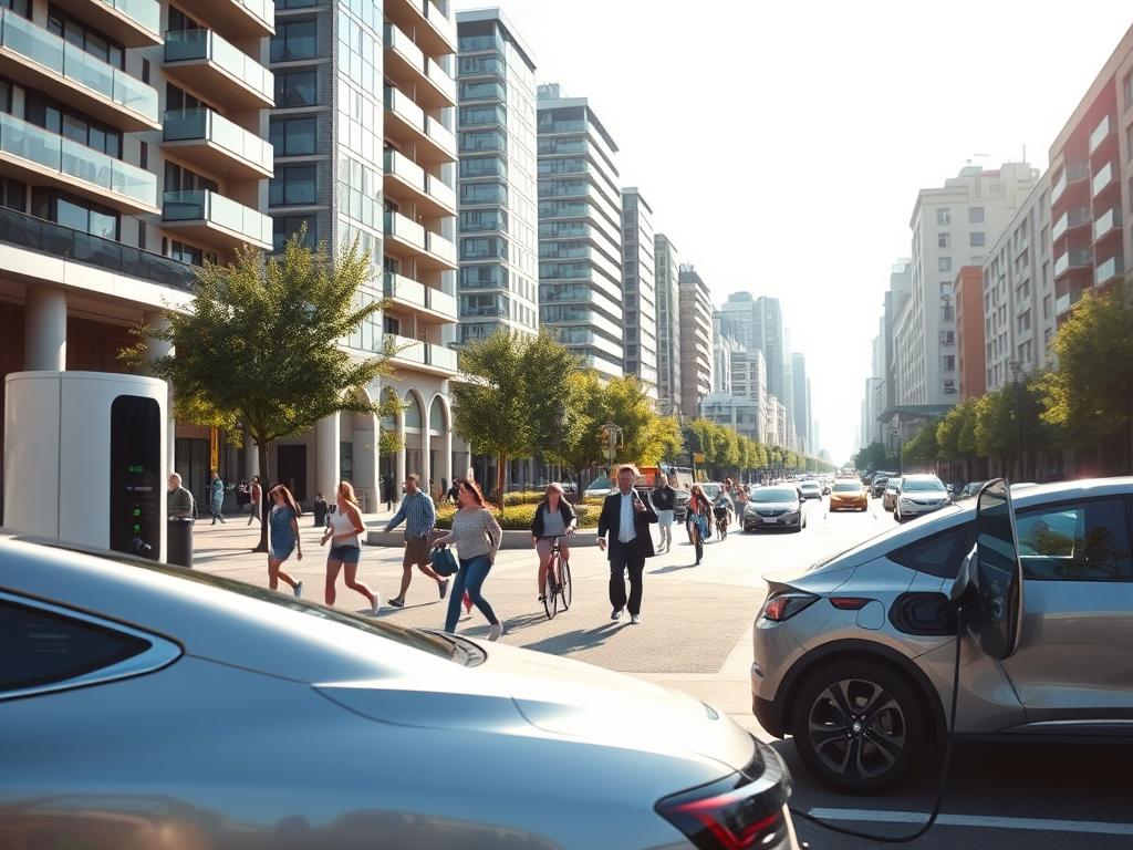 A bustling urban scene on a sunny day, showcasing the routine use of an electric vehicle in everyday life. In the foreground, a sleek, modern electric car charges at a public charging station, its clean, streamlined design complementing the surrounding architecture. In the middle ground, pedestrians and cyclists navigate the city streets, creating a vibrant, eco-friendly atmosphere. In the background, a mix of office buildings, residential apartments, and green spaces create a balanced, livable environment. The lighting is natural and diffused, casting soft shadows and highlighting the details of the electric car and the surrounding urban landscape. The overall mood is one of efficiency, sustainability, and the seamless integration of electric mobility into the fabric of modern city life.