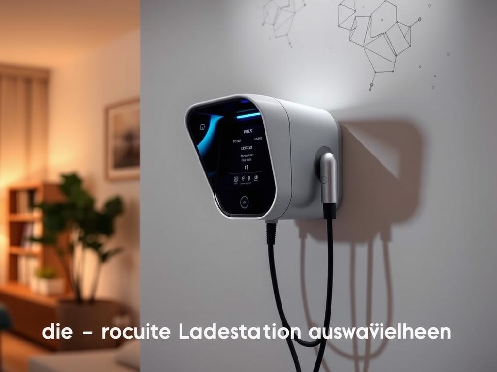 A clean, modern home wall-mounted electric vehicle charging station in a warm, well-lit residential setting. The charger is mounted on a sleek, minimalist white wall, seamlessly integrated into the home's decor. Soft, indirect lighting creates a cozy ambiance, while the charger's simple, user-friendly interface is clearly visible. The overall scene conveys a sense of effortless, sustainable home charging for an electric vehicle, reflecting the section title "Die richtige Ladestation auswählen".