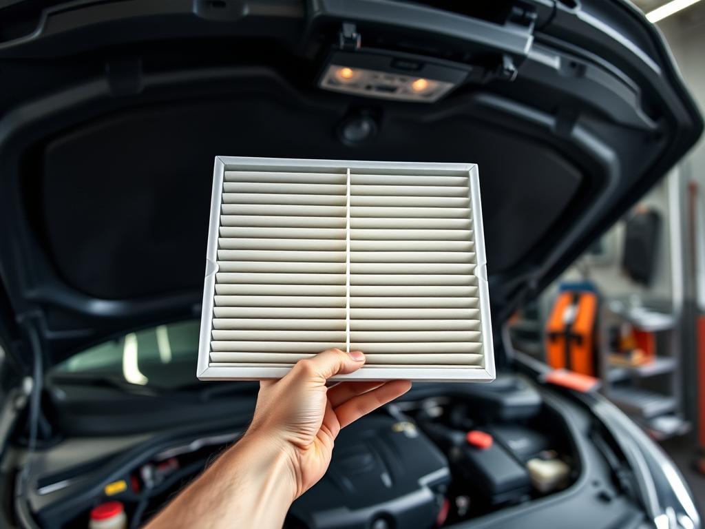 A clean, well-lit indoor garage setting with an open car's engine compartment and a hand holding a new air filter. The filter is the focal point, showcasing its intricate design and highlighting the importance of proper air filtration for the vehicle's engine performance and longevity. The background features various automotive tools and parts, creating a professional, DIY-inspired atmosphere. Soft, directional lighting casts subtle shadows, emphasizing the textures and details of the filter and the surrounding environment. The overall composition conveys the practical steps involved in replacing an interior cabin air filter, a crucial maintenance task for maintaining a vehicle's health.