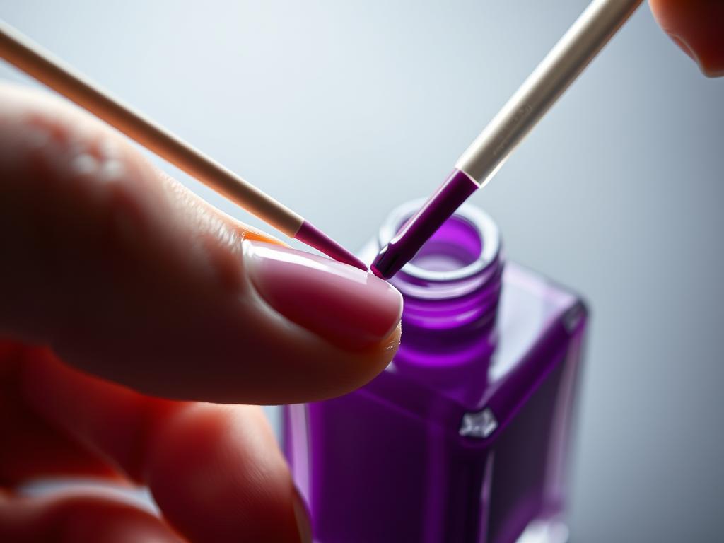 A close-up shot of a hand delicately applying nail polish with a small brush. The foreground features the hand and nail in vivid detail, with the brush gently stroking the nail surface. The middle ground shows the open nail polish bottle, its glossy surface reflecting the surrounding light. The background is softly blurred, creating a sense of focus and emphasis on the application process. The lighting is soft and diffused, creating gentle shadows and highlights that accentuate the texture of the nail and the fluidity of the polish. The overall mood is one of precision, care, and attention to detail, reflecting the importance of proper nail polish application.