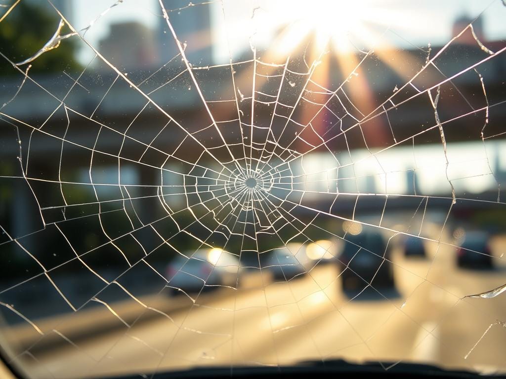 A close-up view of a cracked and weathered car windshield, with sunlight streaming through, casting a warm, golden glow. The glass surface is spiderwebbed with intricate patterns, a testament to the wear and tear of daily driving. In the background, a blurred cityscape or highway scene, hinting at the dynamic environment the windshield has protected the driver from. The image conveys the necessity of a windshield replacement, highlighting the importance of maintaining clear visibility and safety on the road. A close-up view of a cracked and weathered car windshield, with sunlight streaming through, casting a warm, golden glow. The glass surface is spiderwebbed with intricate patterns, a testament to the wear and tear of daily driving. In the background, a blurred cityscape or highway scene, hinting at the dynamic environment the windshield has protected the driver from. The image conveys the necessity of a windshield replacement, highlighting the importance of maintaining clear visibility and safety on the road.