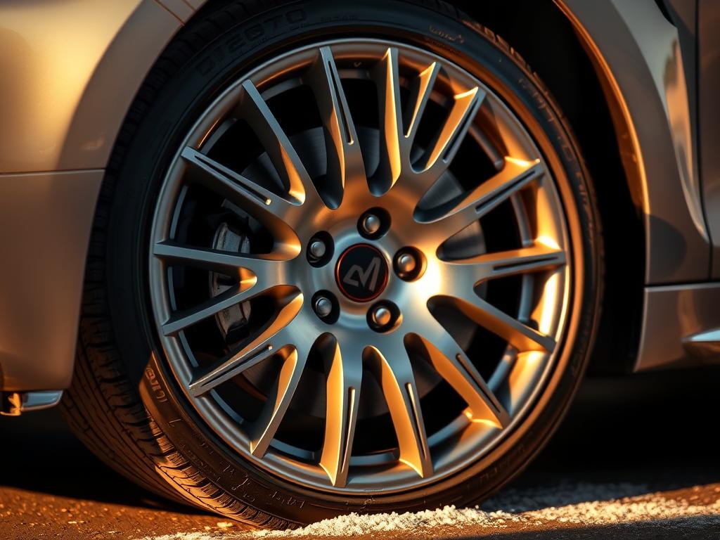 A close-up view of a freshly cleaned car wheel, highlighting the intricate spokes and shiny metallic surface. The wheel is bathed in warm, directional lighting, casting subtle shadows that accentuate the depth and texture of the design. The background is a soft, blurred environment, allowing the wheel to be the focal point. The overall mood is one of attention to detail, care, and the satisfaction of a job well done, reflecting the importance of properly cleaning and maintaining one's vehicle's wheels.