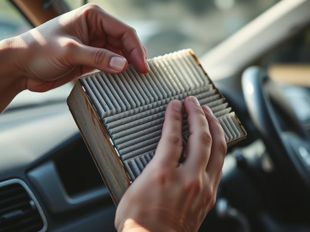 A close-up view of a person's hands carefully removing an old, dirty air filter from a car's dashboard. The filter is partially obscured by the vehicle's interior, with a glimpse of the dashboard and steering wheel visible in the background. The lighting is natural, creating a warm, inviting atmosphere. The focus is on the delicate act of replacing the filter, emphasizing the importance of this maintenance task. The scene conveys a sense of attentiveness and care, reflecting the straightforward instructions of the article's section on "How to replace your cabin air filter?"