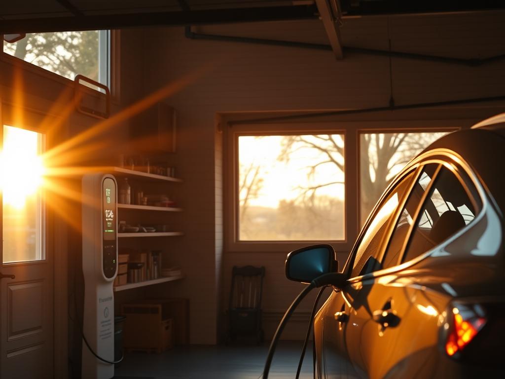 A cozy home garage interior, bathed in warm, golden light streaming through large windows. In the foreground, an electric vehicle is plugged into a sleek, modern charging station, its display panel glowing with status information. The middle ground features neatly organized shelves and tools, reflecting the convenience and efficiency of at-home EV charging. The background showcases a serene, tree-lined suburban landscape, hinting at the environmental benefits of transitioning to electric mobility. The scene exudes a sense of comfort, control, and a connection to renewable energy sources, capturing the key advantages of charging an electric car at home.