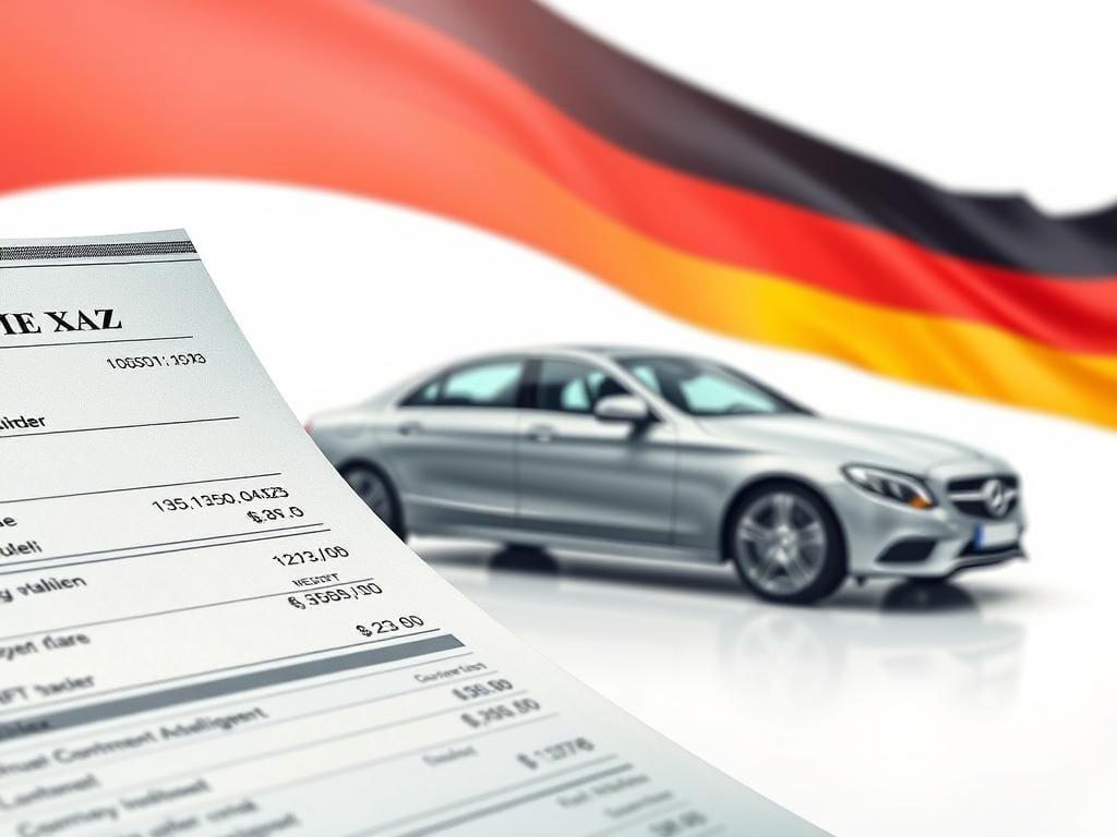A detailed and realistic illustration depicting the key aspects of vehicle tax (Kfz Steuer) in Germany. In the foreground, a close-up view of a car registration document or tax receipt, showcasing the relevant information and figures. In the middle ground, a modern sedan vehicle representing the subject, captured in a well-lit, clean studio setting. In the background, a subtle graphical representation of the German national colors, alluding to the governmental and legal aspects of the Kfz Steuer. The overall scene should convey a sense of importance, professionalism, and the financial implications of vehicle ownership in the country, without distracting textual elements.