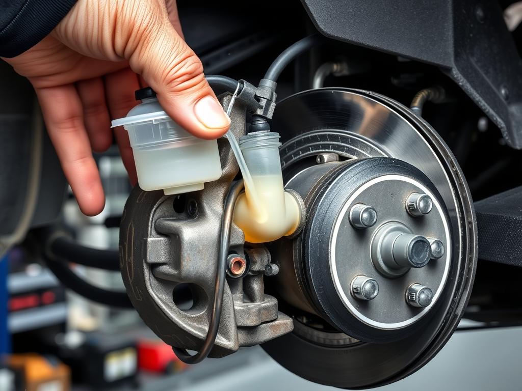A detailed cross-section of a car's brake system, showcasing the critical process of brake bleeding. The scene features a well-lit workshop environment, with a mechanic's hand carefully manipulating the brake fluid reservoir and lines. The focus is on the intricate components, including the brake caliper, brake pads, and the flexible brake hose, all rendered in high-resolution with a technical, engineering-inspired aesthetic. The overall composition conveys the importance of properly bleeding the brakes to ensure optimal performance and safety.