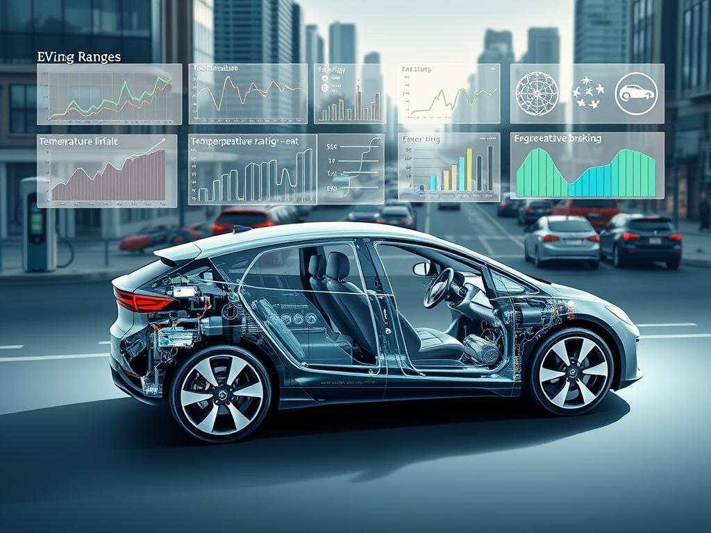A detailed cutaway illustration of an electric vehicle, showcasing its key components and systems that impact driving range. In the foreground, a transparent side view of the EV's chassis reveals the battery pack, electric motor, and regenerative braking system. In the middle ground, various graphs and charts display energy consumption data, temperature effects, and driving conditions. The background features a cityscape with charging stations, traffic, and environmental elements that can influence range. The lighting is crisp and technical, with clean lines and a high-contrast palette to emphasize the engineering and technology. The overall mood is informative and educational, inviting the viewer to understand the complexity of EV range optimization.