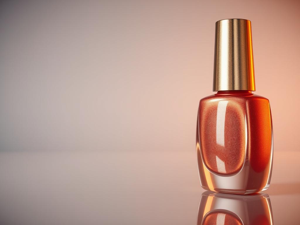 A high-resolution, photorealistic image of a glossy, metallic nail polish bottle in the foreground, with a soft, warm lighting that highlights the lacquered surface. The bottle is placed on a reflective, glass-like surface, creating a subtle reflection. In the middle ground, there is a neutral, muted background, allowing the nail polish bottle to be the central focus. The image conveys a sense of elegance, sophistication, and attention to detail, perfectly capturing the essence of a "Lackstift" (nail polish).