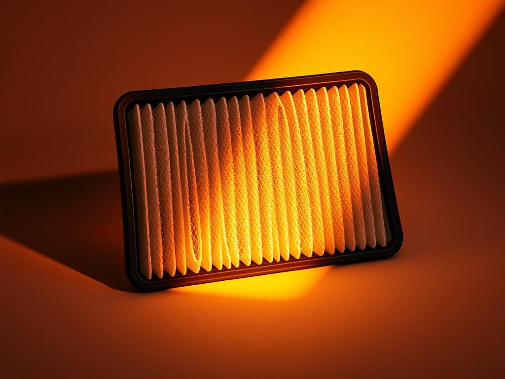 A highly detailed and realistic image of an automobile air filter, specifically an "Innenraumfilter" or cabin air filter. The filter is showcased in the center of the frame, its intricate mesh structure and pleated design visible in crisp, high-resolution detail. The filter is set against a clean, neutral background, allowing the subject to be the focal point. Dramatic studio lighting casts warm, directional shadows that accentuate the filter's contours and textures. The camera angle is slightly angled, providing a three-dimensional perspective that gives the viewer a sense of depth and scale. The overall mood is one of technical precision and attention to detail, befitting the importance of the cabin air filter in maintaining a vehicle's interior air quality.