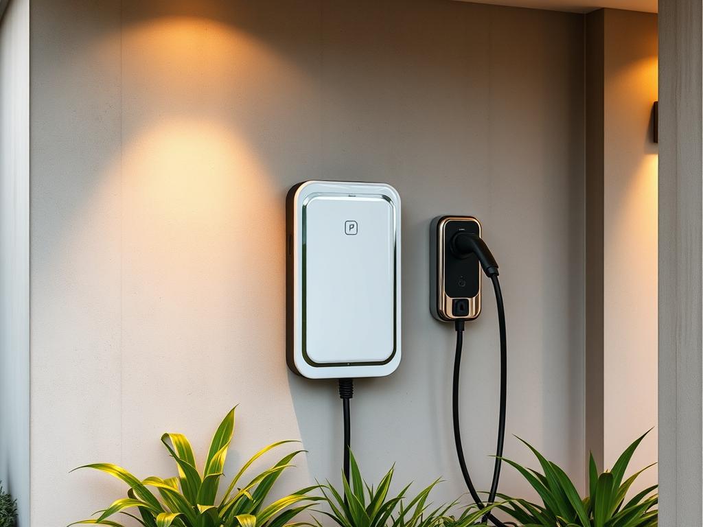 A home electric vehicle charging station, featuring a modern, sleek design with a smooth white casing and polished metal accents. It is mounted on a neutral-toned concrete wall, seamlessly integrated into the home's exterior. The station is positioned in a well-lit area, with warm, diffused lighting from overhead fixtures creating a welcoming atmosphere. The surrounding landscape includes lush greenery, perhaps a small garden or potted plants, adding a touch of nature to the setup. The overall composition conveys a sense of efficiency, sustainability, and a harmonious integration of technology into the domestic environment.