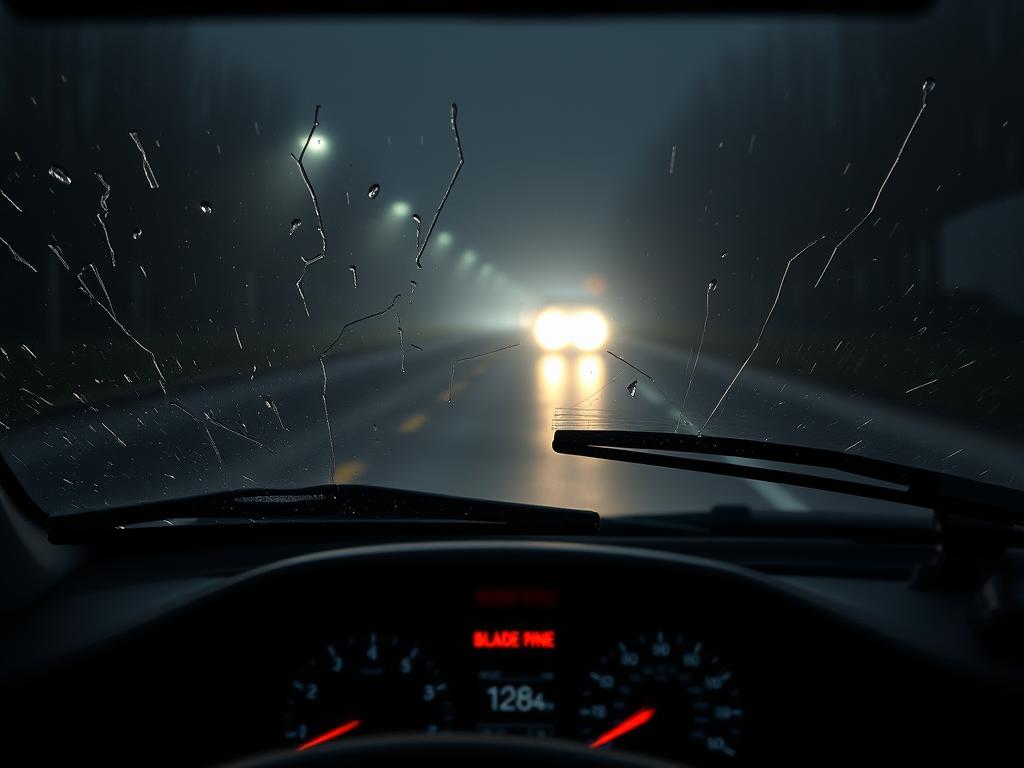 A meticulously crafted scene showcasing the importance of regularly changing wiper blades. In the foreground, a pair of worn, streaked wiper blades obscure the view through a rain-spattered windshield. The middle ground reveals a dashboard with a warning light indicating the need for blade replacement. In the background, a dimly lit, gloomy road stretches out, hinting at the hazardous driving conditions caused by ineffective wipers. Bright headlights pierce the murky atmosphere, creating an ominous, foreboding atmosphere. Realistic textures, depth of field, and cinematic lighting combine to emphasize the critical role of well-maintained wiper blades in safe, reliable driving.