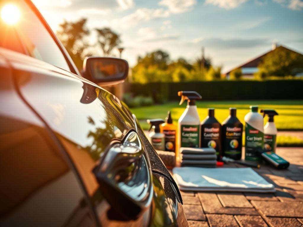A meticulously detailed automotive scene showcasing the importance of proper car care. In the foreground, a gleaming, freshly washed and waxed vehicle reflects the golden afternoon sunlight, its pristine exterior capturing the essence of "richtige Autopflege." The middle ground features an array of high-quality car care products, including microfiber cloths, specialized cleaning solutions, and polishing tools, all neatly arranged. In the background, a serene suburban setting with lush greenery and a tranquil sky sets the stage for this immaculate automotive display. The overall mood is one of precision, attention to detail, and the pride that comes with maintaining a vehicle to the highest standards.