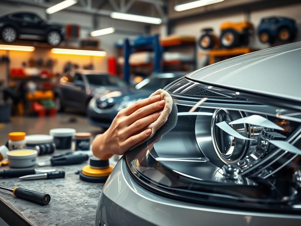A meticulously detailed workshop scene showcasing the preparation for headlight polishing. In the foreground, a pair of hands gently buffing the surface of a car's headlight with a soft cloth, carefully removing any scratches or blemishes. The middle ground reveals an array of polishing tools and compounds neatly organized on a workbench, the warm glow of task lighting illuminating the scene. In the background, the silhouette of a well-equipped automotive workshop, with shelves of spare parts and a selection of vehicles waiting for their turn. The atmosphere is one of focused attention and a dedication to achieving the perfect, crystal-clear finish.