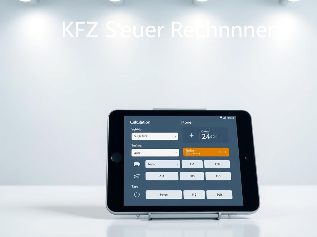 A modern and sleek digital interface for a car tax calculator, set against a clean, minimalist background. In the foreground, a responsive touchscreen display shows a user-friendly calculation form, with input fields for vehicle details and automatically generated tax estimates. The middle ground features subtle visual cues, such as icons and infographic elements, that guide the user through the process. The background has a slightly blurred, gradient-based color scheme, creating a sense of depth and professionalism. The overall scene is well-lit, with soft, diffused lighting that highlights the clarity and functionality of the digital experience, conveying a sense of efficiency and reliability for the "KFZ Steuer Rechner" application.