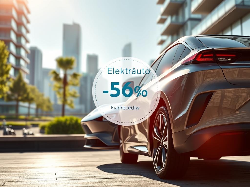 A modern, sleek electric car prominently displayed in the foreground, reflecting the sunlight with a glossy metallic finish. In the middle ground, a visual representation of the "Elektroauto Kaufprämie" incentive, with clean, bold graphics and a sense of financial support. The background features a cityscape with futuristic architecture and green spaces, conveying a sustainable, eco-friendly environment. The lighting is bright and natural, creating a sense of optimism and progress. The overall composition is well-balanced, drawing the viewer's attention to the key elements of the electric car and the incentive program.