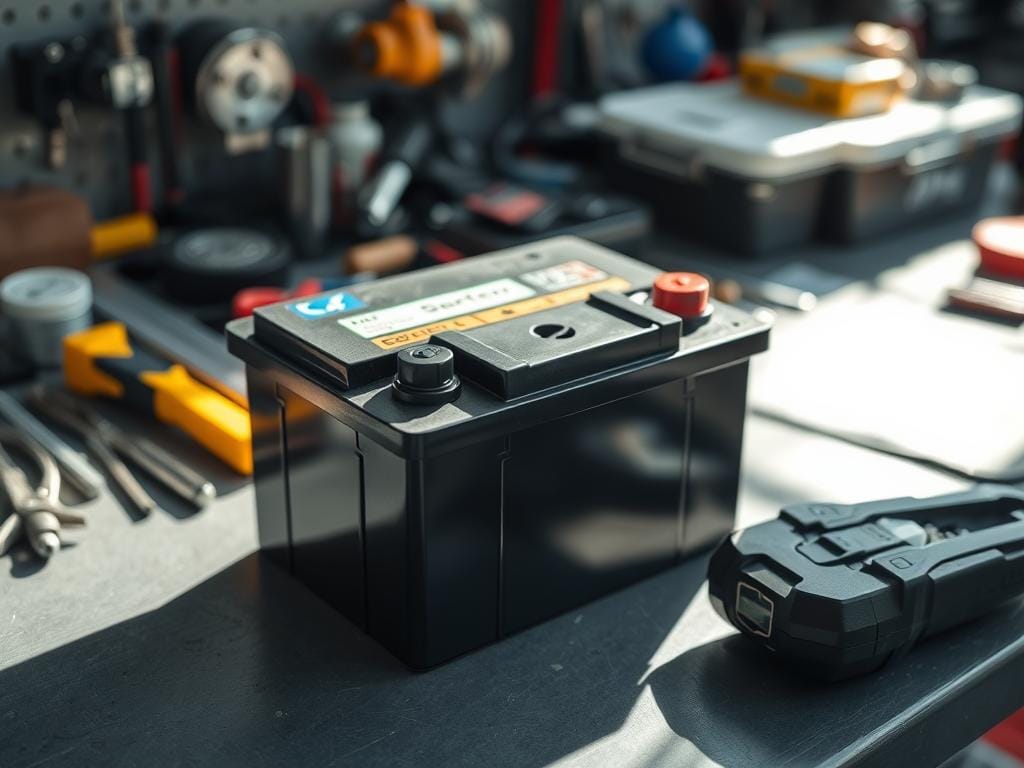 A neatly organized workbench, with a car battery in the foreground, surrounded by tools and materials required for a battery replacement. Bright, natural lighting illuminates the scene, casting subtle shadows that add depth and texture. The background is slightly blurred, keeping the focus on the battery and the process at hand. The overall mood is one of precision and attention to detail, reflecting the care and expertise required for this automotive maintenance task.