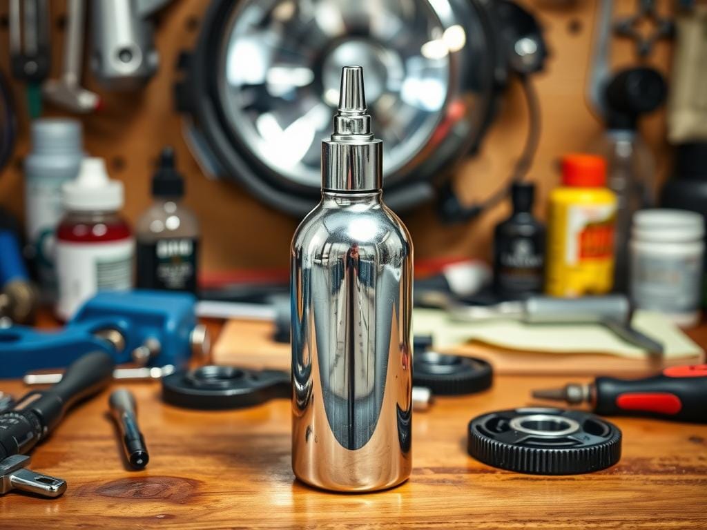 A polished chrome bottle of headlight polish sits prominently on a wooden workbench, surrounded by various automotive tools and supplies. The bottle is illuminated by a soft, even light, casting subtle reflections on the surface. In the background, a blurred image of a car's headlight assembly is visible, hinting at the intended use of the polish. The scene conveys a sense of organized and focused preparation, setting the stage for the detailed headlight restoration process described in the article's section on "Materials and Tools Needed".
