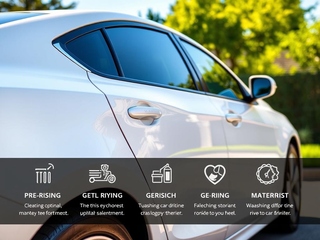 A pristine white car gleaming in the warm afternoon sunlight, parked in a tranquil suburban setting. The vehicle's exterior is meticulously clean, reflecting the clear blue sky above. In the foreground, a series of illustrated icons and text offer step-by-step guidance on the optimal car washing techniques, from pre-rinsing to gentle drying, presented in a clear, informative manner. The background features lush greenery and a sense of peaceful relaxation, creating an atmosphere that encourages attention to detail and a thorough, thoughtful approach to car care.